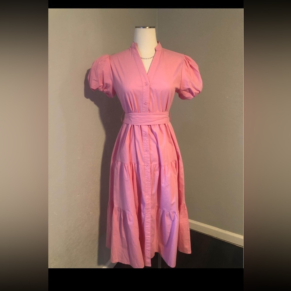 Casual Pink Puff‎ Sleeve Tie Front Midi Dress